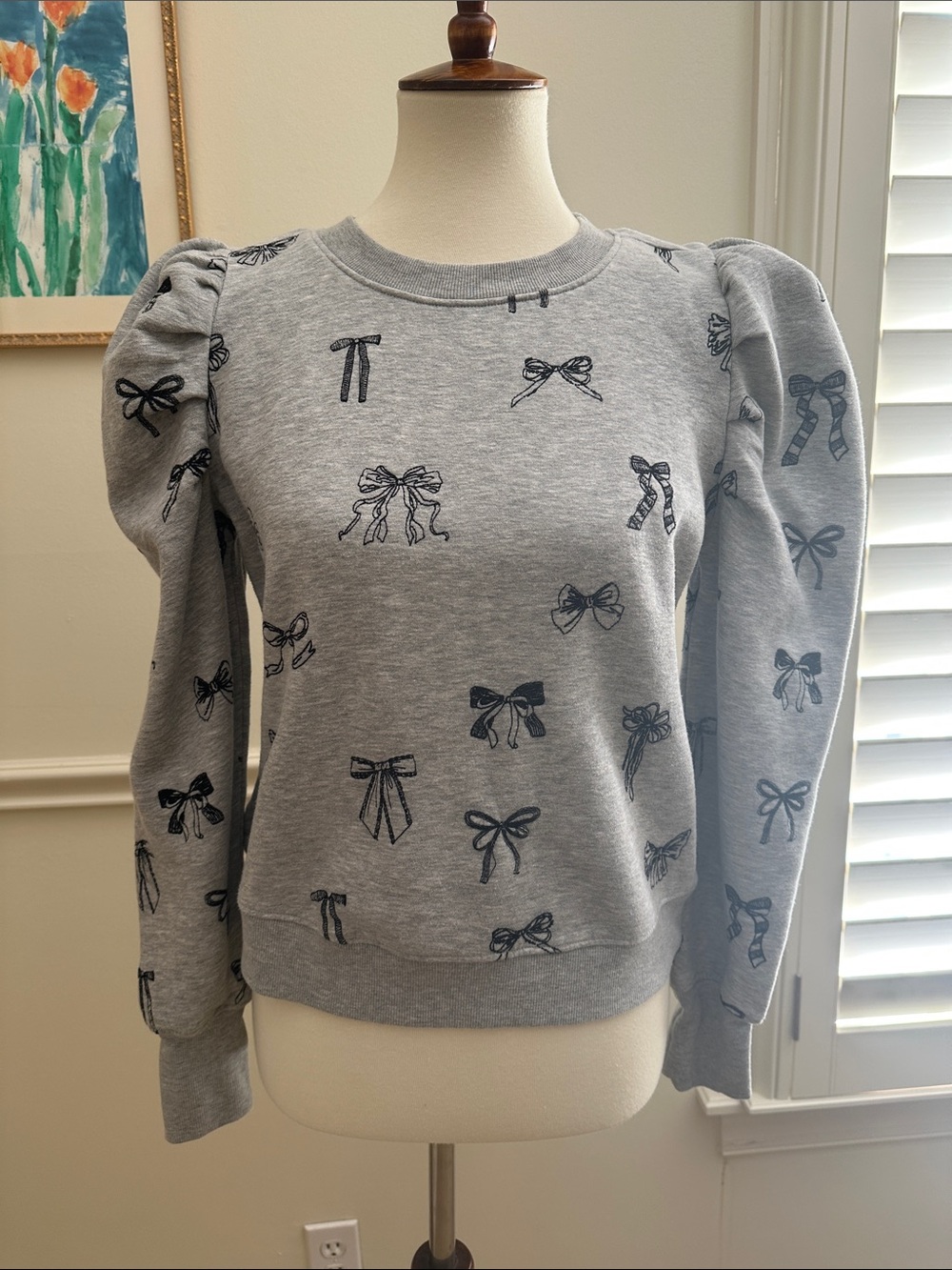 Maeve Grey Bow-Print Puff Sleeve Sweatshirt